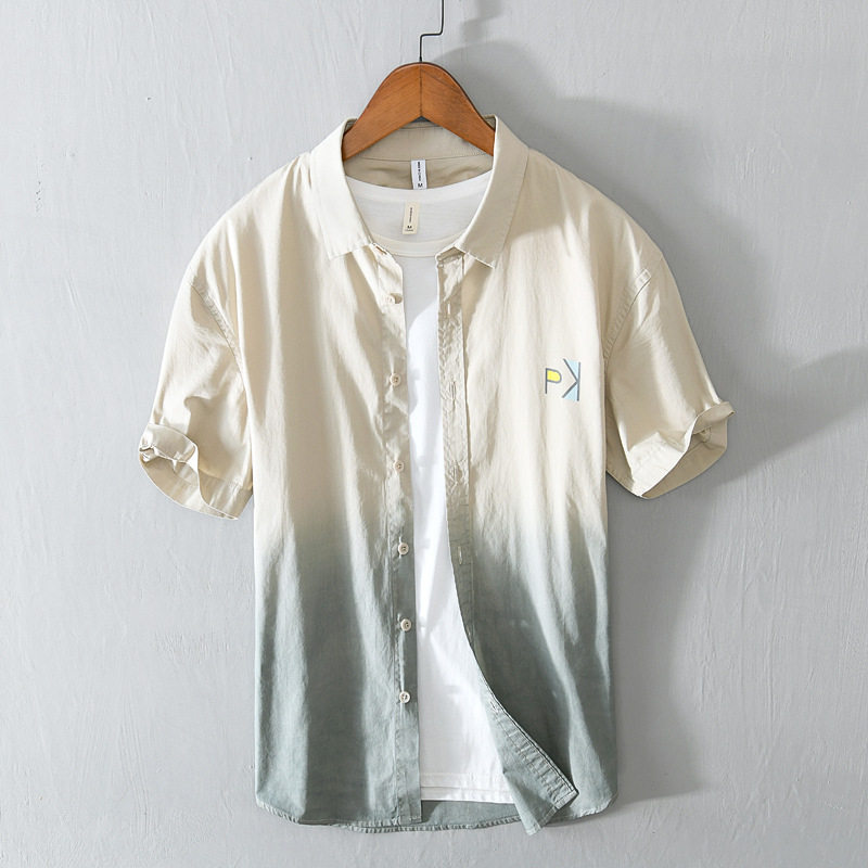 渐变变色短袖衬衫夏季薄款衣服潮牌个性时尚潮流衬衫
