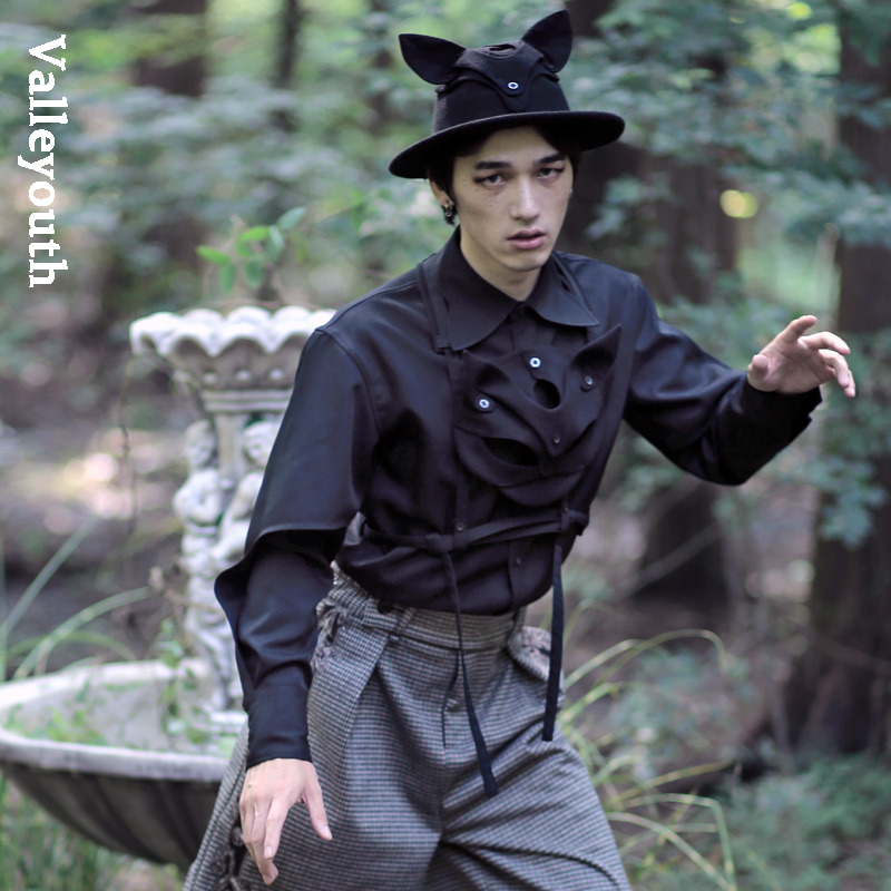 黑狸 秀场款立体背带装饰修身黑衬衫 山谷少年独立设计师原创男装