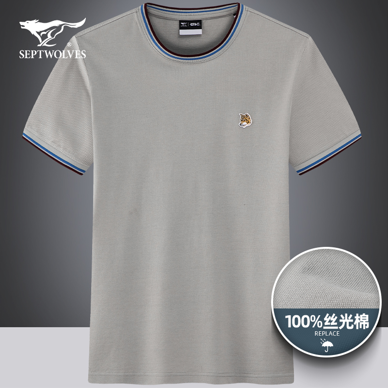 七匹狼经典圆领短袖T恤男时尚狼标绣花潮流纯新疆棉丝光针织体恤