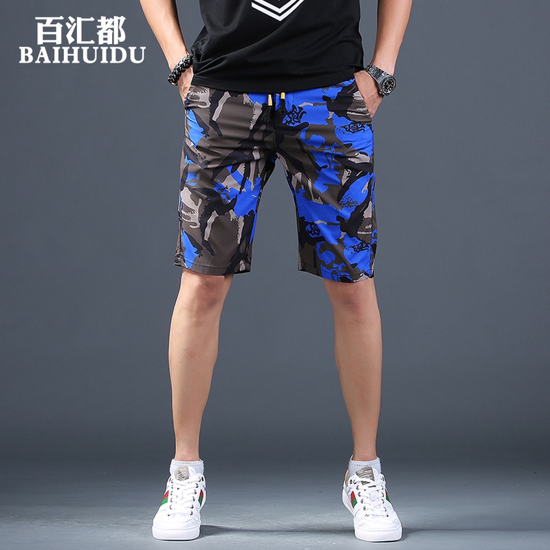 男士迷彩五分休闲裤2021夏季薄款冰丝弹力时尚潮流运动中裤短裤男