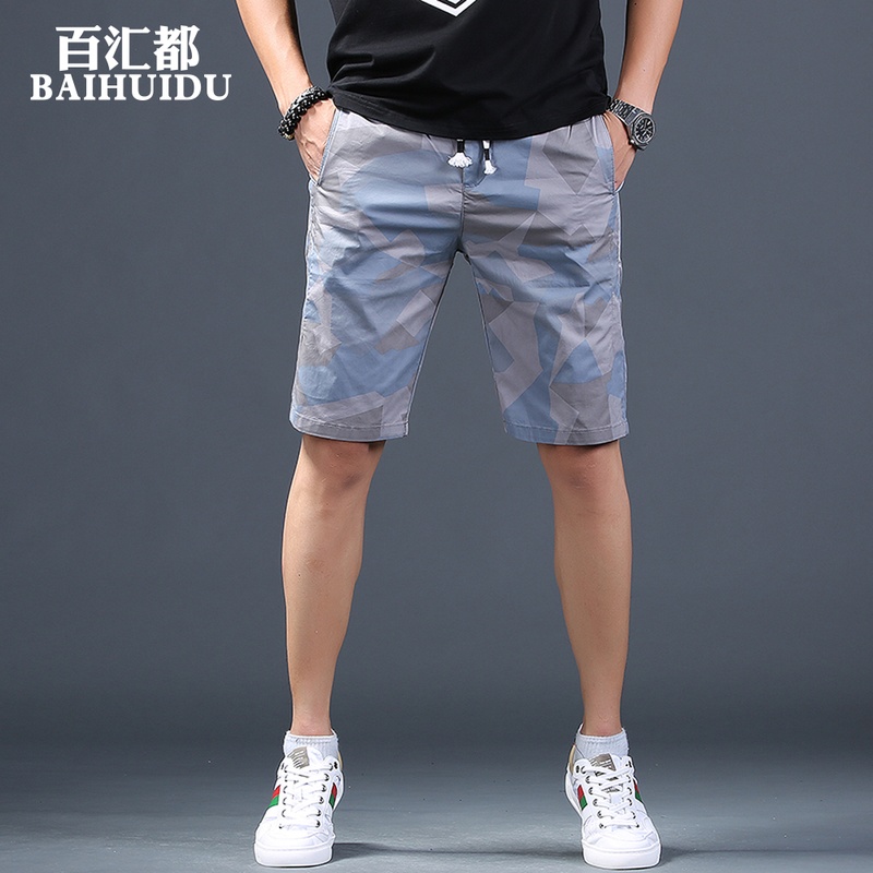 欧洲街新款男士迷彩短裤五分裤夏季韩版修身直筒中裤潮牌薄款马裤