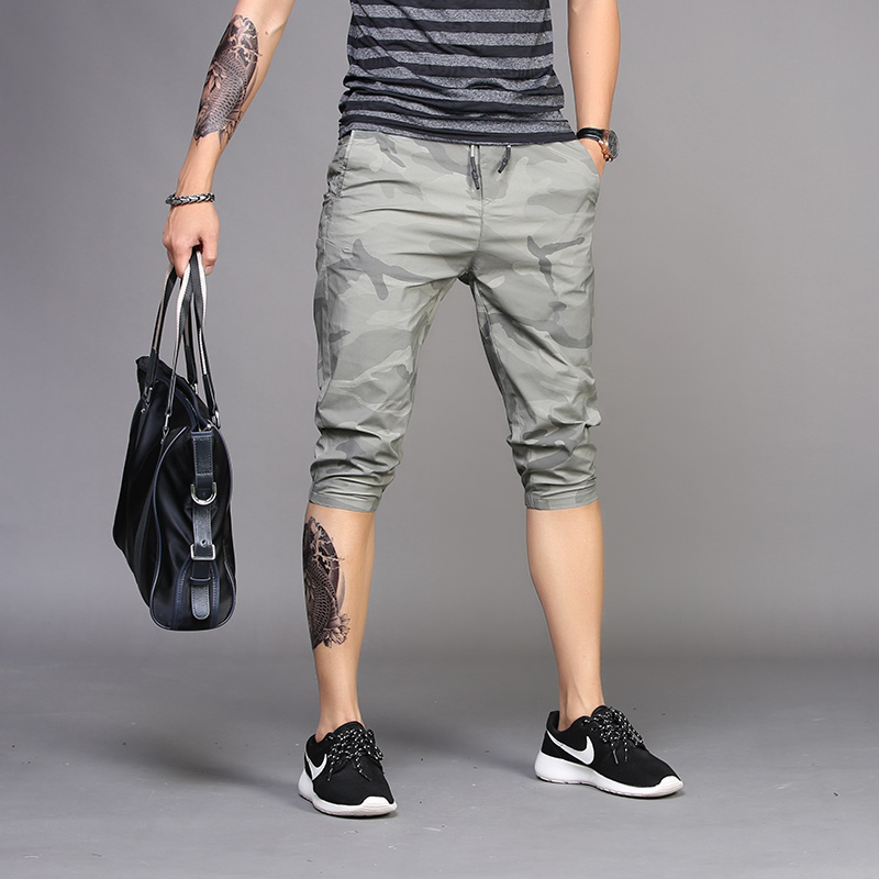 七分裤男士运动迷彩跑步7分裤 夏季薄款修身休闲马裤 短裤男夏天