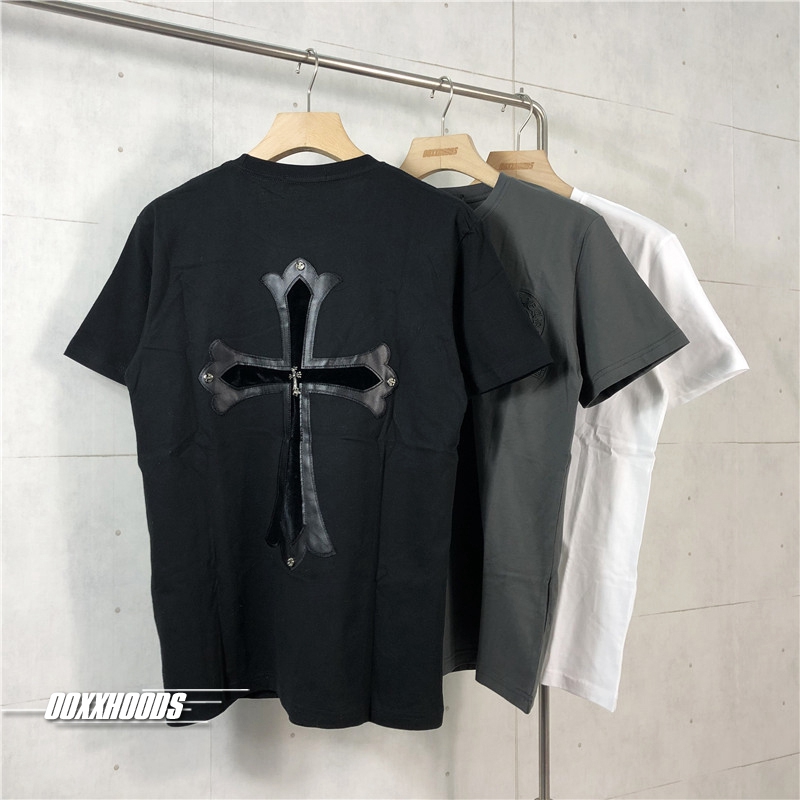 立体刺绣贴PU皮金属十字架马蹄符文松身宽松透气夏短袖体tee恤衫