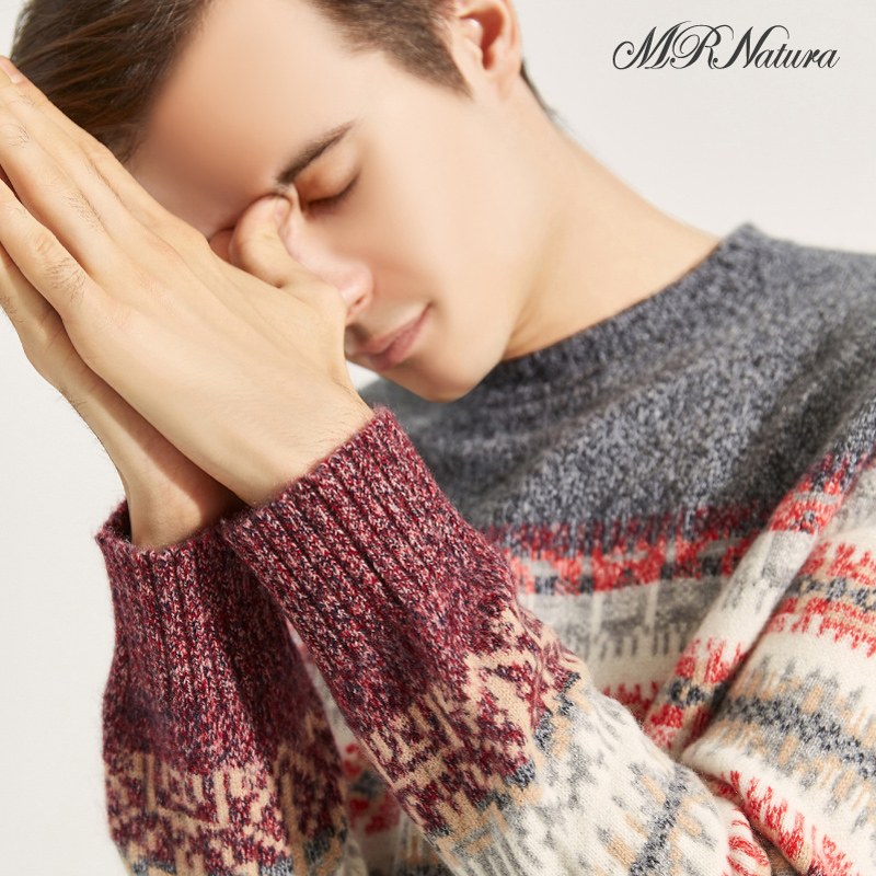 鄂尔多斯 产100%纯羊绒衫男 圆领加厚提花针织衫男青年羊毛衫男潮