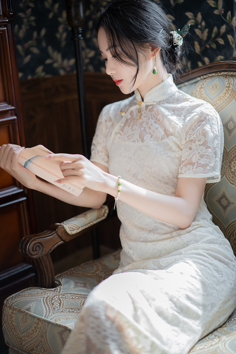 公子白秀珠民国国风中式显瘦修身弹力蕾丝旗袍连衣裙