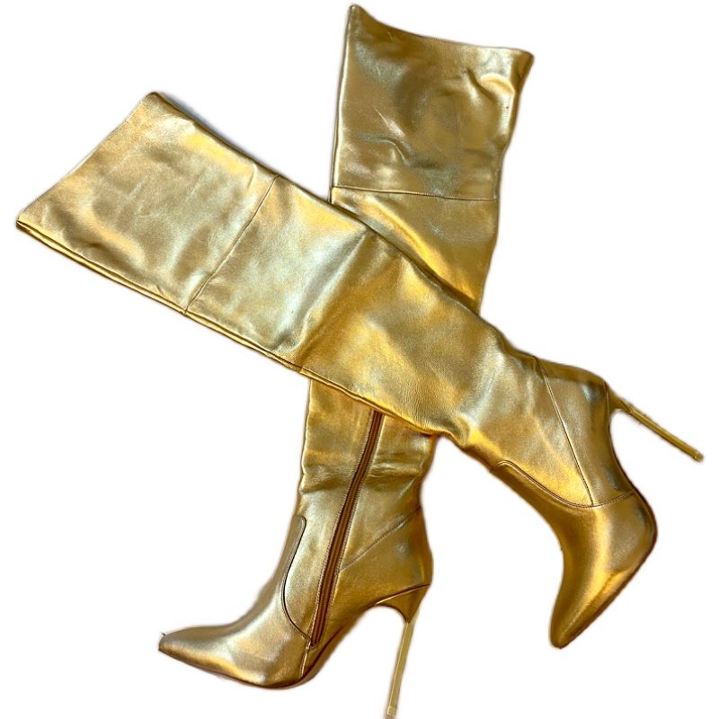 欧美风金色羊皮性感长靴台秀细跟尖头女靴ins时装靴