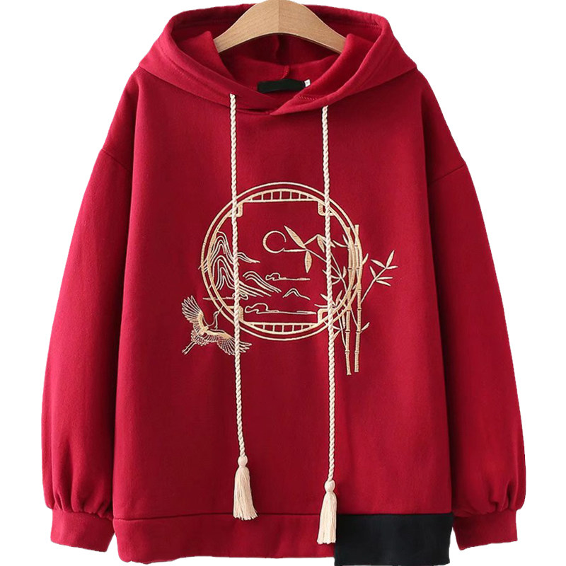 秋冬装中国风仙鹤刺绣连帽加绒保暖卫衣中学生少女国潮帽衫外套女