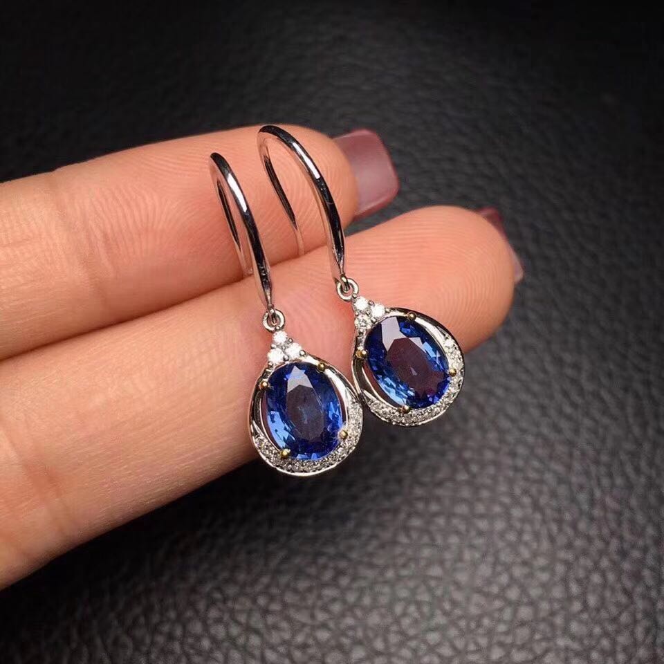 天然斯里兰卡无烧蓝宝石耳坠耳钉晶体全净火彩爆闪耳钉