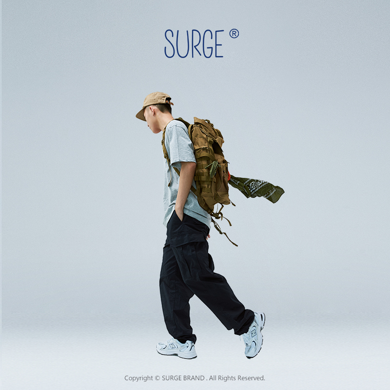 SURGE 阔腿可束脚深蓝色宽松口袋收纳斜纹工装束脚长裤 四季可穿