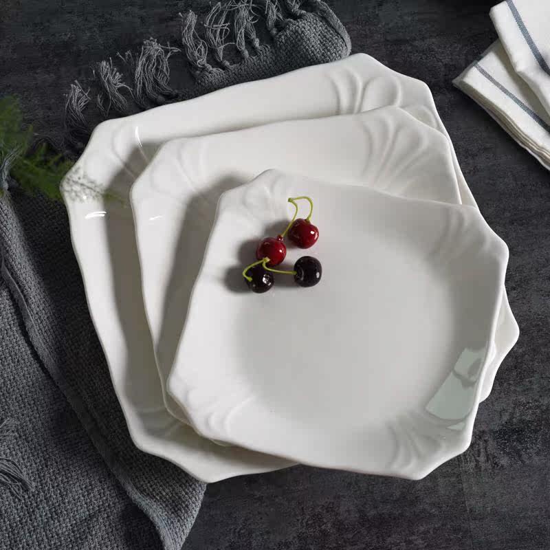 陶瓷方盘浅式盘加厚纯白正方切角玉兰盘