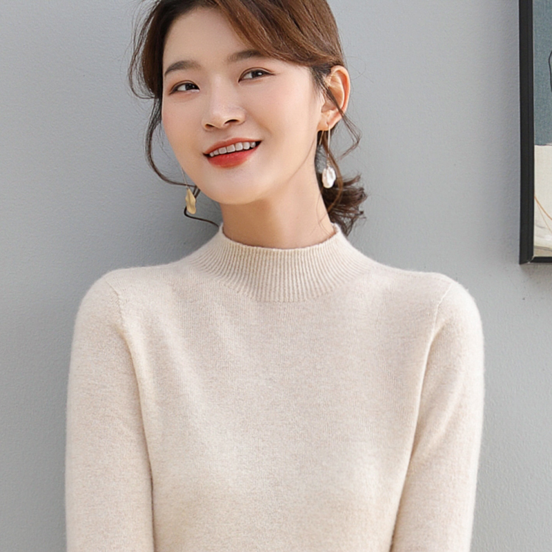 秋冬半高领无缝羊绒衫女100纯山羊绒正品薄款打底衫内搭毛衣高端
