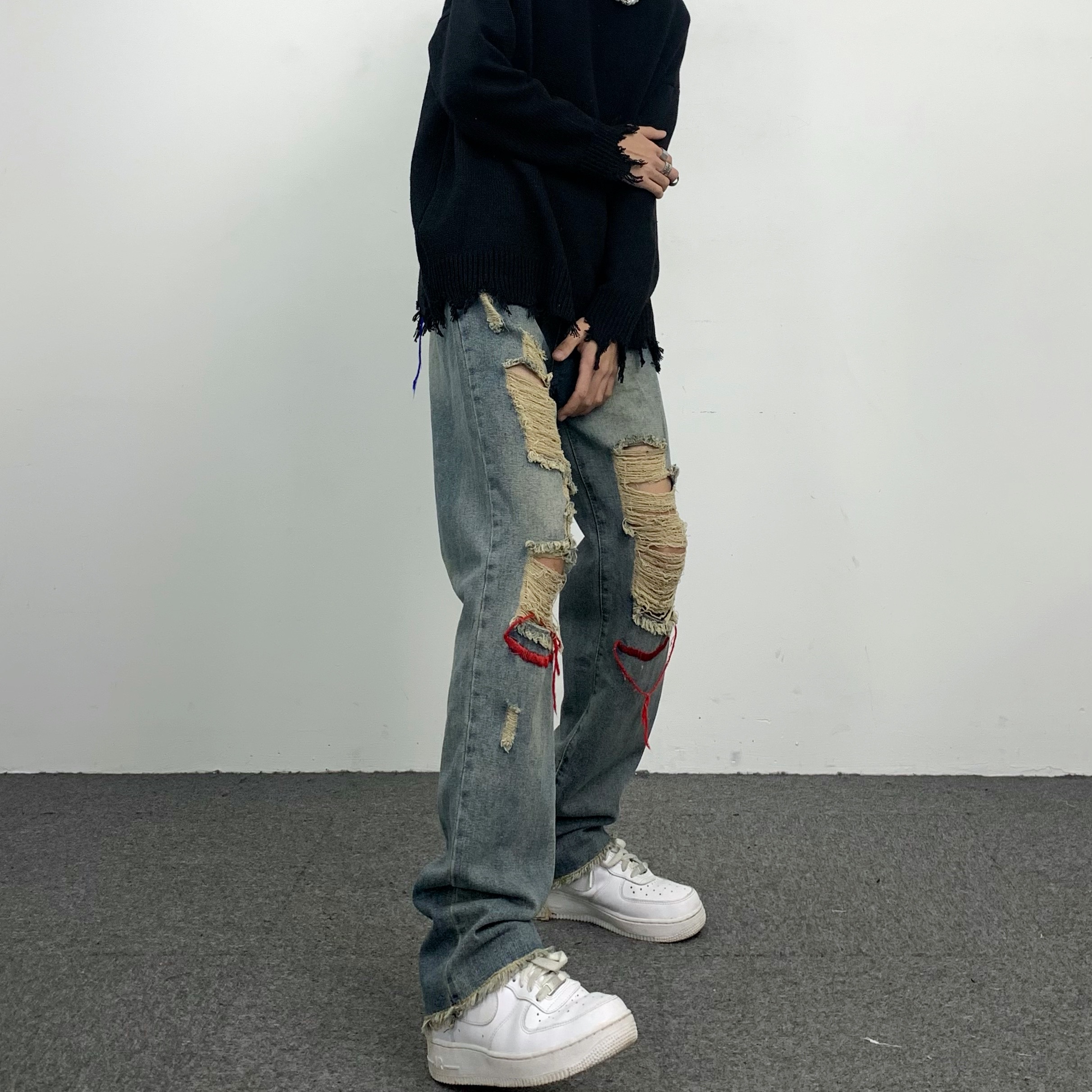 妈个鸡妈 韩国ins街头美式刮烂破洞直筒裤高街宽松休闲牛仔裤男女
