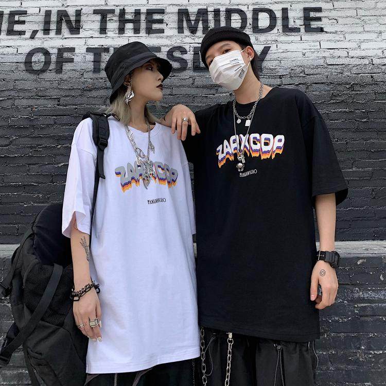 妈个鸡妈 韩国ins夏季潮流复古简约字母印花宽松短袖t恤上衣男女