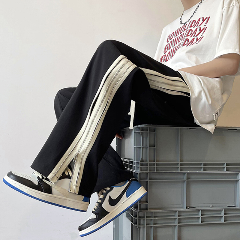 高街直筒休闲裤男夏季薄款港风潮牌拖地裤宽松设计感拉链开叉裤子