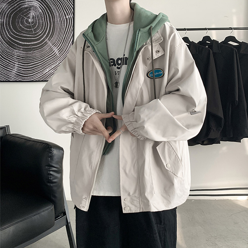 假两件外套男春季韩版潮牌宽松连帽夹克港风bf潮流帅气加厚上衣服