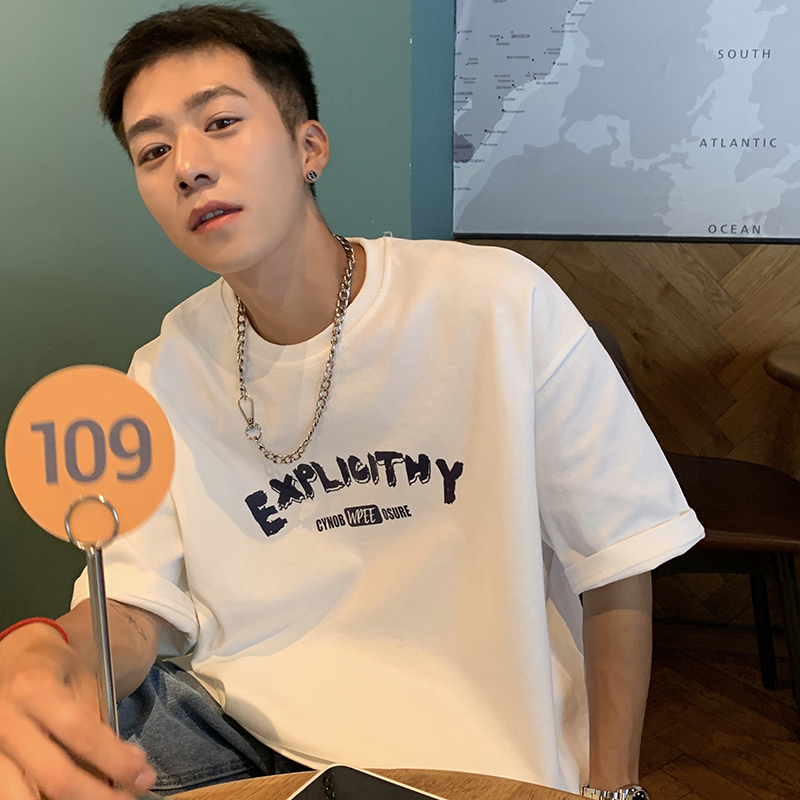 港风t恤男短袖潮流百搭字母印花半袖体恤夏季宽松圆领ins休闲上衣