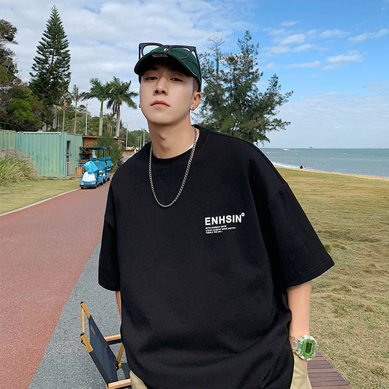 夏季潮流短袖t恤男港风宽松字母印花上衣韩版圆领百搭简约体恤衫