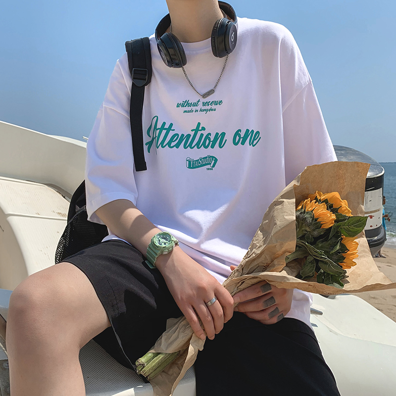夏季短袖t恤男ins港风圆领字母印花打底上衣潮流休闲痞帅学生体恤
