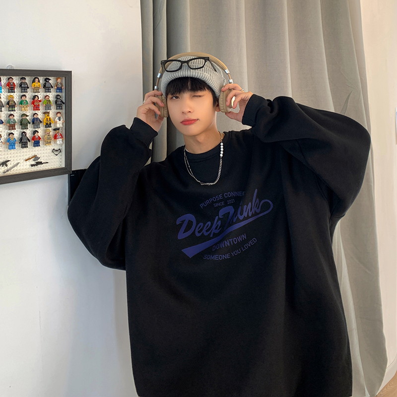 圆领卫衣男春秋潮牌小众字母印花套头上衣服港风宽松大码无帽外套