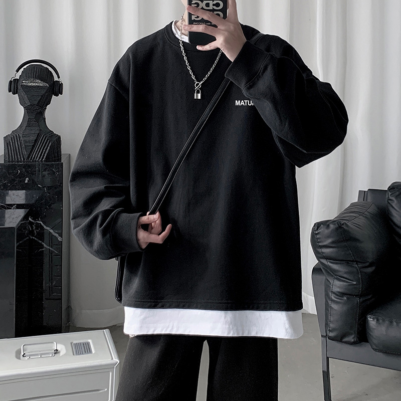 圆领卫衣男春秋季潮牌ins宽松拼接假两件打底衫港风百搭套头外套