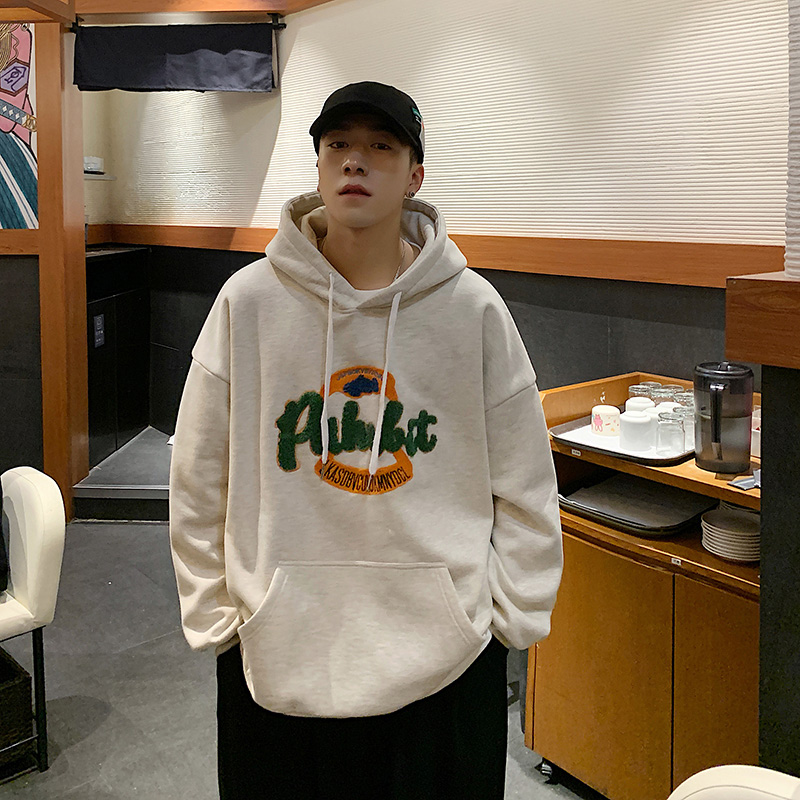 加绒连帽卫衣男秋冬季潮牌刺绣字母印花上衣港风宽松加厚保暖外套