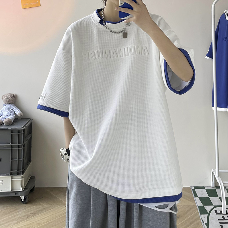 美式字母短袖男夏季潮牌小众假两件宽松t恤简约ins华夫格纯棉上衣