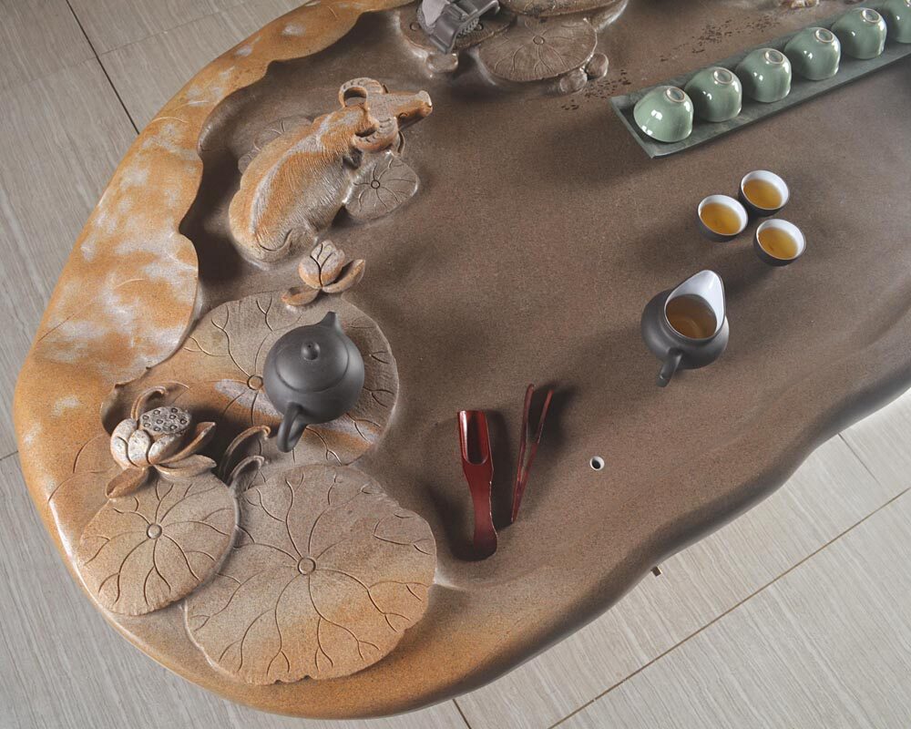 整块正宗端石茶盘手工荷花雕刻功夫功夫茶茶道茶盘