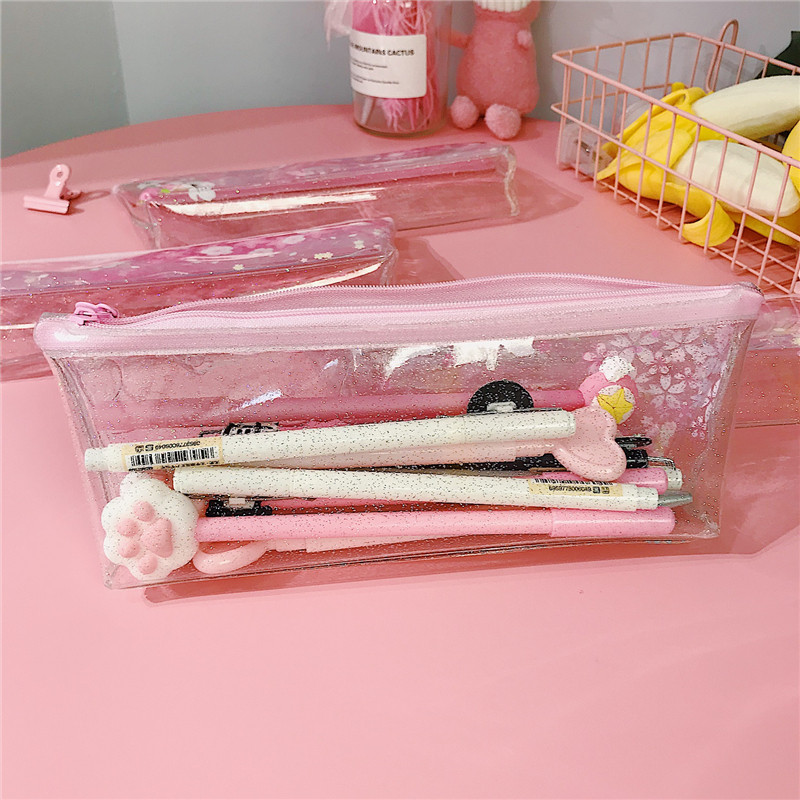 日系少女樱花笔袋学生创意粉色透明入油铅笔盒笔袋