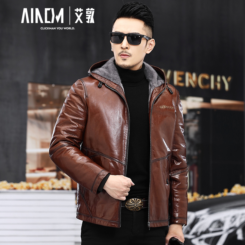 海宁真皮皮衣男头层牛皮水貂内胆皮毛一体连帽貂皮大衣外套男夹克