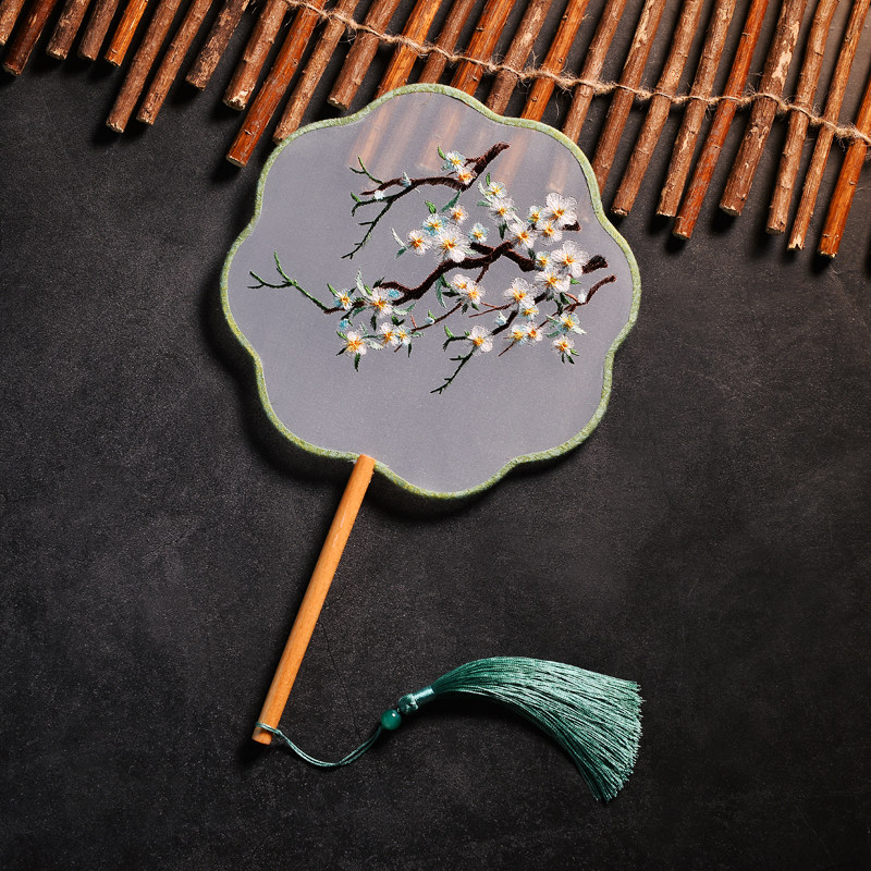 中国国风长柄紫色玉兰双面刺绣团扇汉服旗袍刺绣