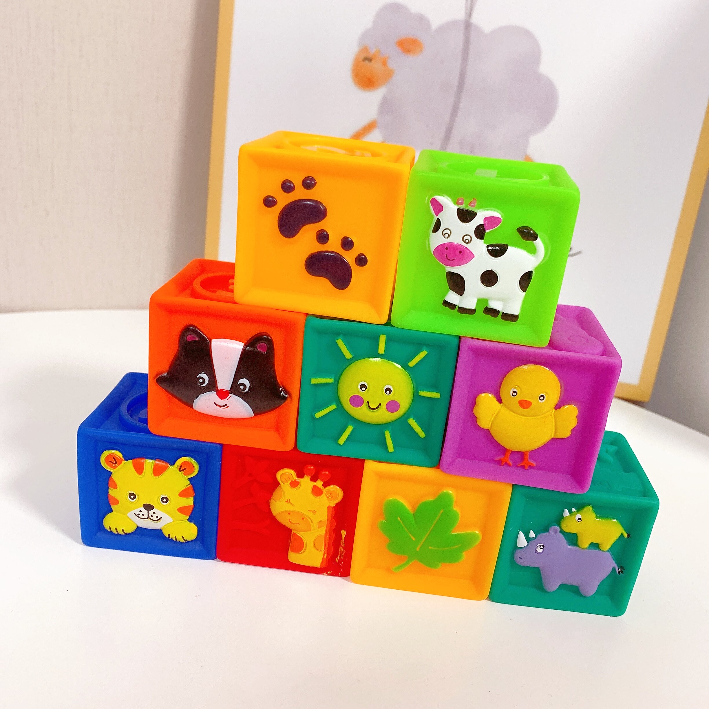 外贸原单婴儿早教软胶积木彩色浮雕交通工具动物布质