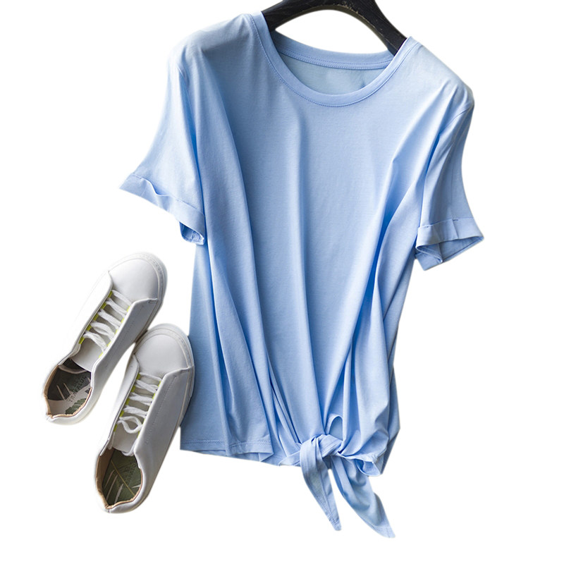 春夏时尚百搭洋气不规则下摆打结棉质圆领短袖t恤