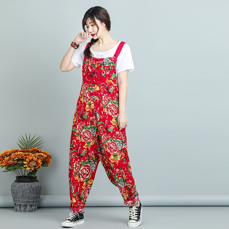 特价夏季背带中老年妈妈装东北大花布民族风裤子休闲裤