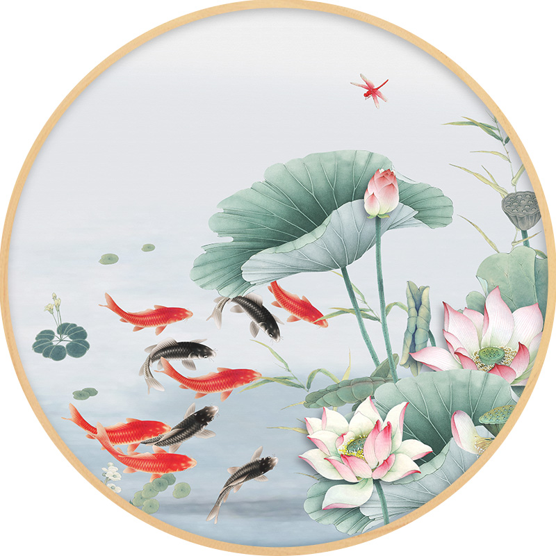 新中式九鱼餐厅圆形实木壁画客厅装饰画现代装饰画