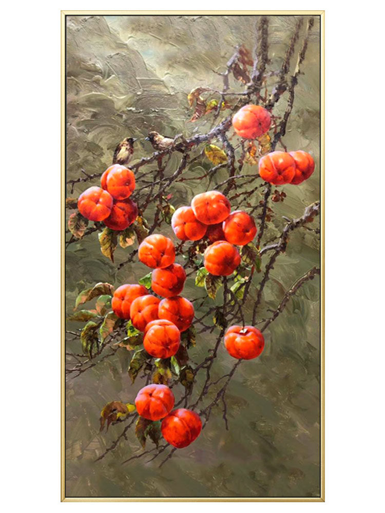 手绘手工美式轻奢中式新中式柿子挂画油画竖版油画