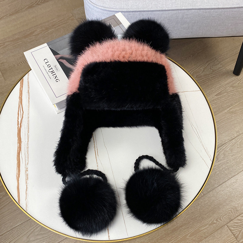 冬季护耳皮草毛球狐狸可爱狐可爱皮帽貂皮帽女帽子