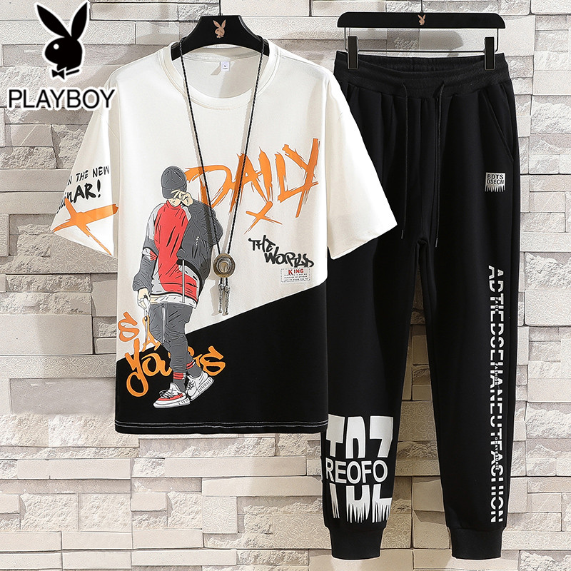 花花公子拼接2021新款短袖t恤男士潮牌夏季套装宽松潮流半袖体恤