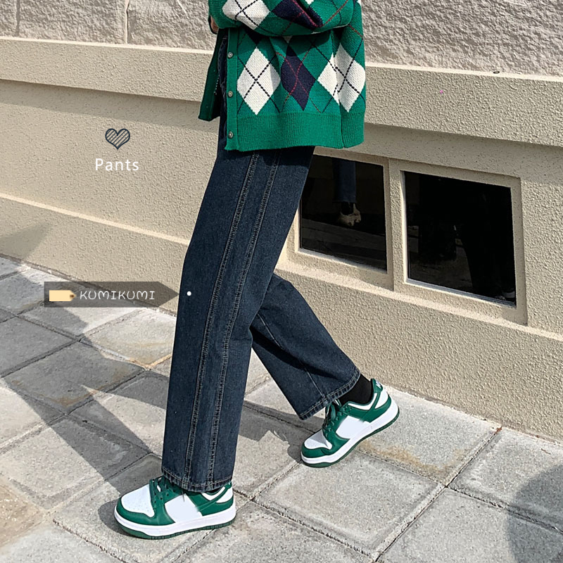 复古高腰牛仔裤女春季小个子宽松阔腿裤深蓝色九分直筒裤垂感裤子