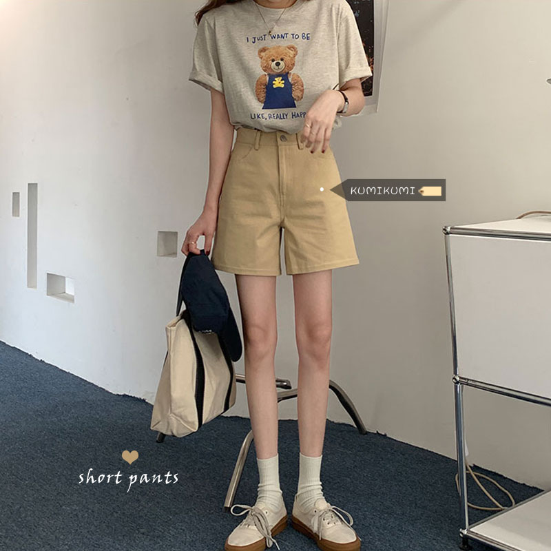KUMI运动短裤女夏季韩版宽松阔腿裤纯色高腰显瘦休闲裤复古工装裤