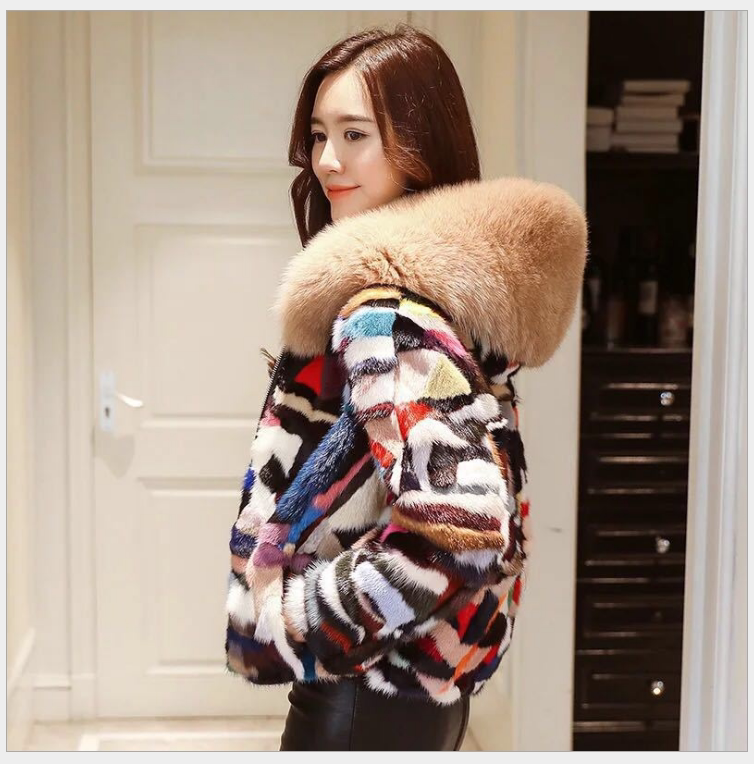 彩貂女外套真水貂皮100海宁皮草短款外套连帽皮草