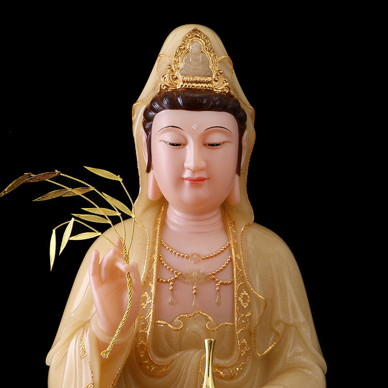 汉白玉观音佛像家用供奉观世音菩萨坐像保平平安摆件