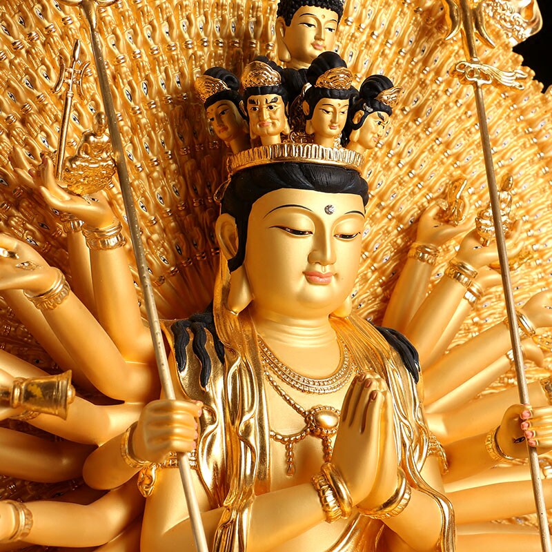 台湾贴金千手观音佛像纯铜千手眼观世音菩萨佛堂摆件