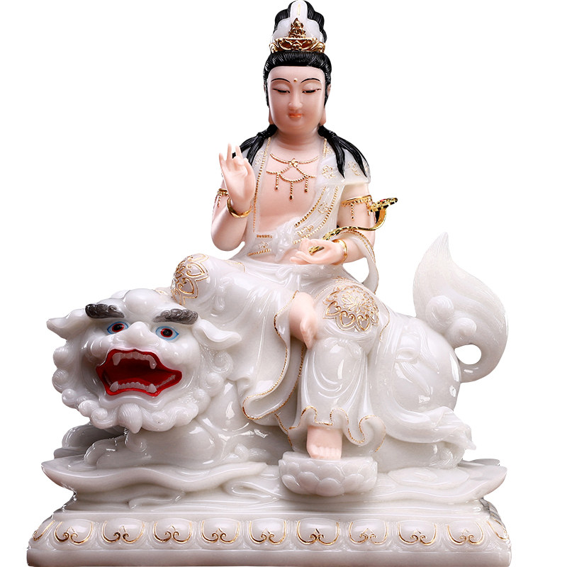 菩萨文殊普佛像汉白玉文殊师智慧摆件供奉普贤摆件