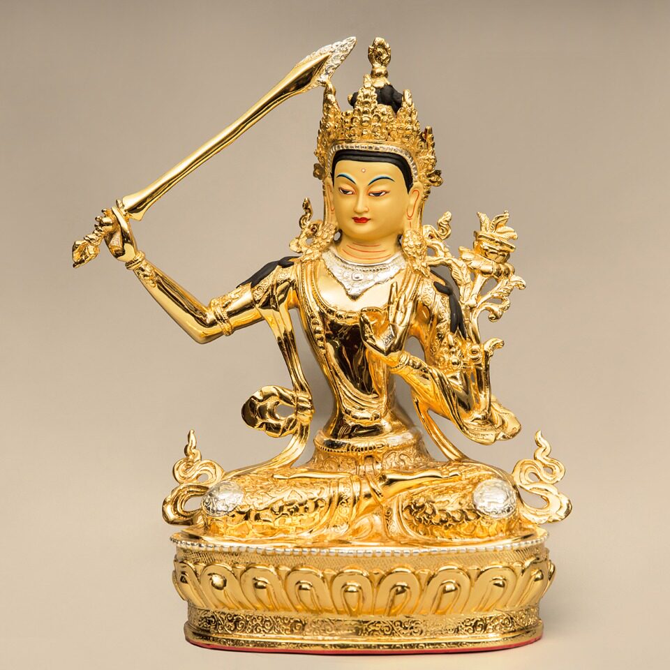 台湾纯铜金文殊师菩萨供奉藏传密宗大智慧举剑文摆件