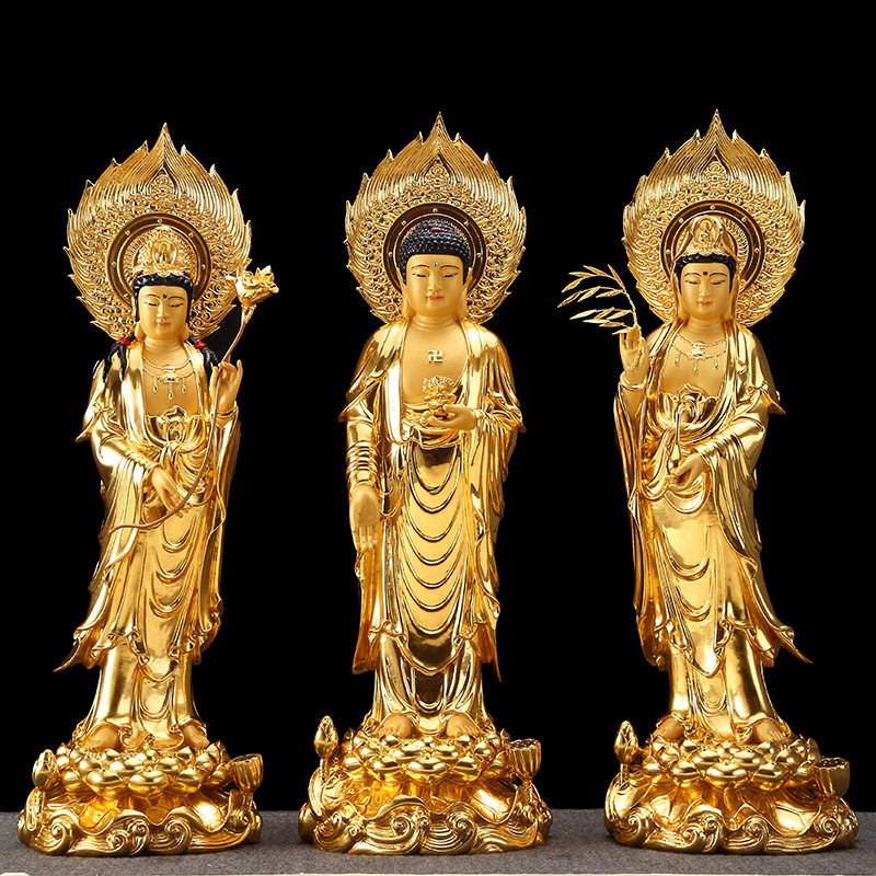 台湾贴金西方三圣铜像纯铜一套阿弥陀佛像背光摆件