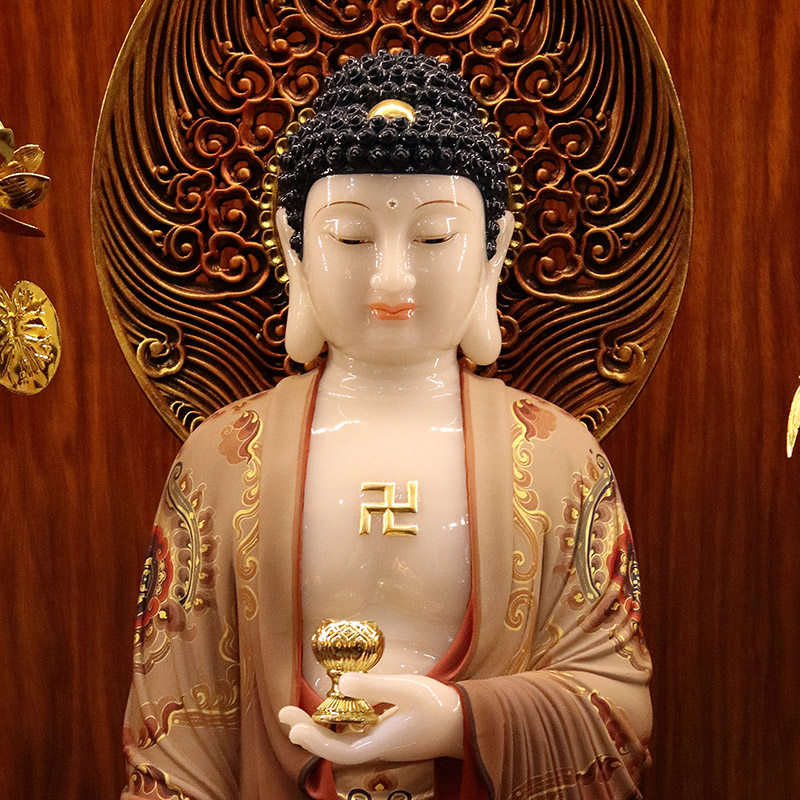 西方三圣神像汉白玉佛像彩绘观音菩萨大势阿弥陀佛摆件