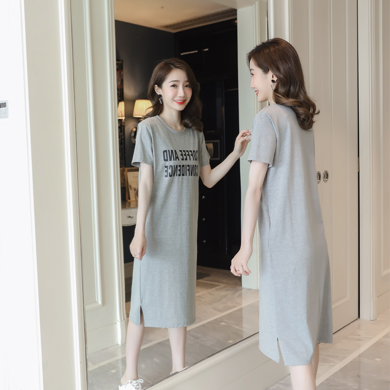 2022夏新款宽松显瘦圆领灰色中长款短袖T恤裙女开叉过膝T恤连衣裙