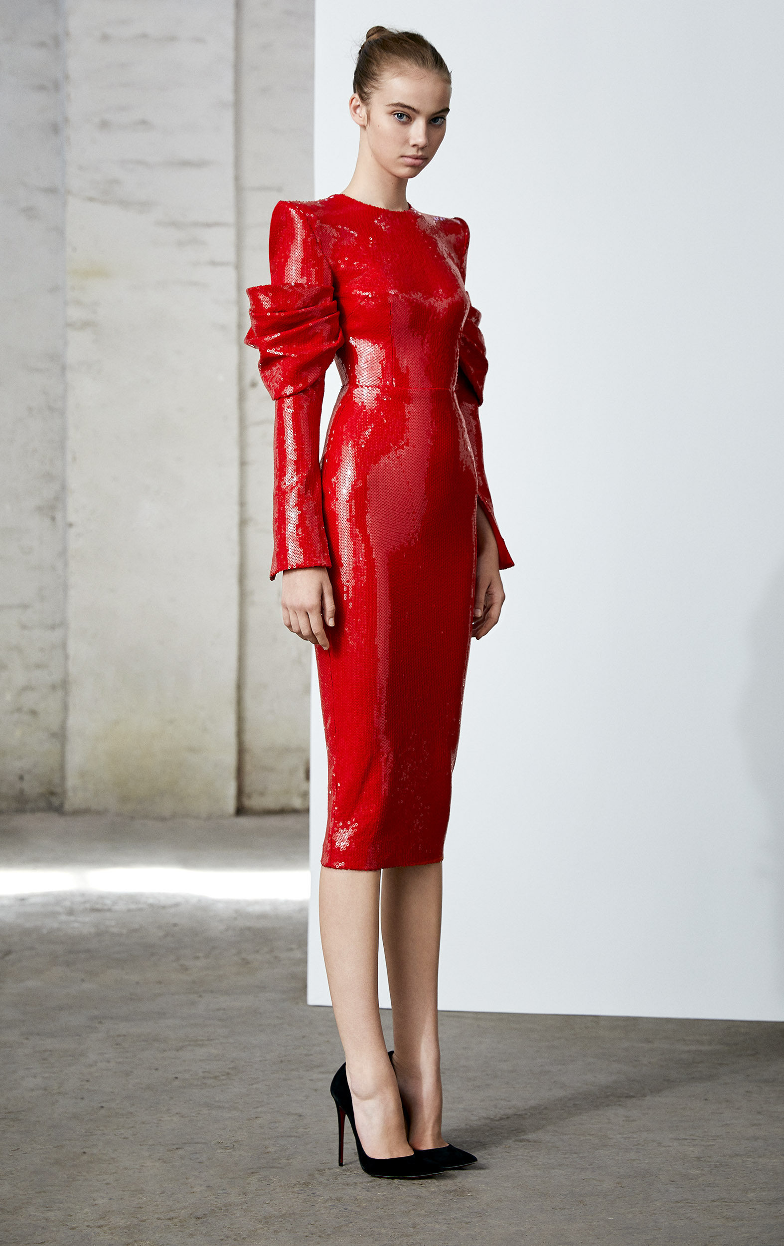 alexperry20秋冬长袖垫肩亮片修身连衣裙泡泡个性连衣裙