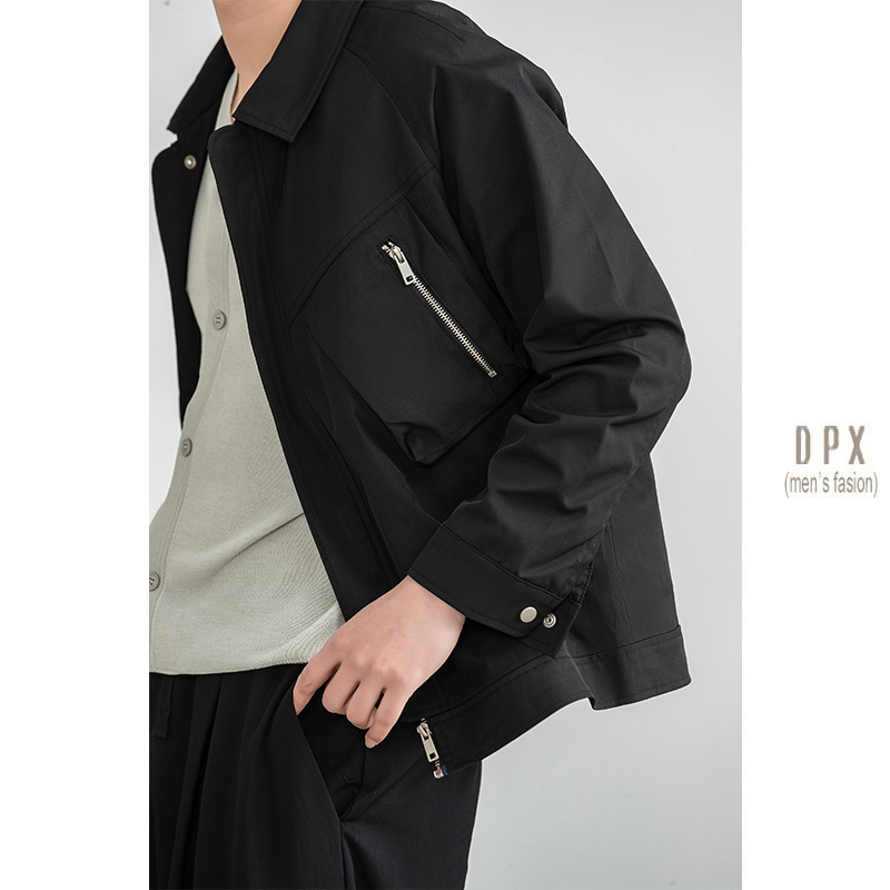 地平线男装 春季新品翻领纯色工装口袋夹克韩版外套茄克衫潮