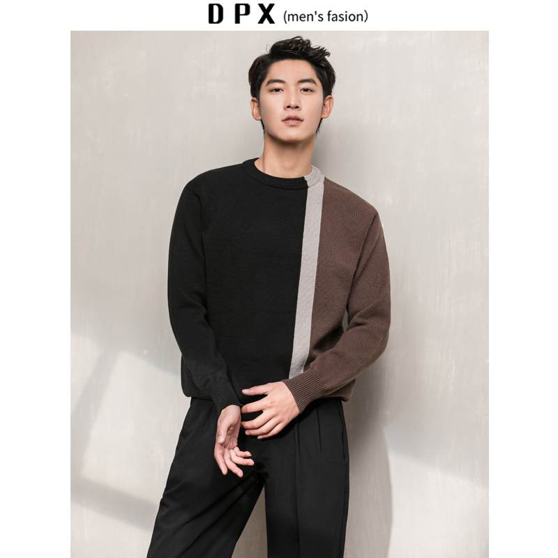 地平线男装 秋冬拼色外穿加厚毛衣套头圆领韩国潮英伦品质针织衫